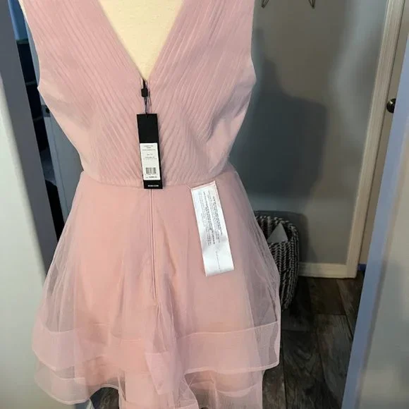 NWT 398 BCBG MAXAZRIA DRESS TIERED PALE PINK EMBROIDERY LACE TULLE. Size 12 - Picture 4 of 6